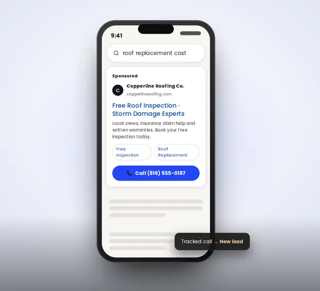 Phone showing a sponsored search ad for a roofing company with a call button