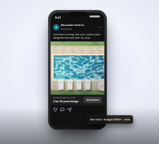Phone showing a sponsored social media post for a pool builder