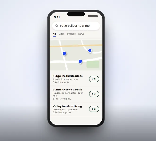Phone showing local search results with a map and contractor listings