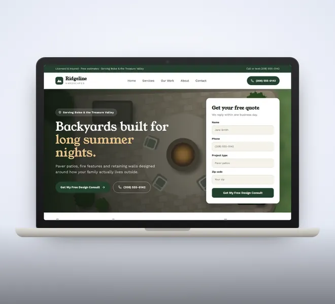 Laptop showing a custom contractor website with a quote form
